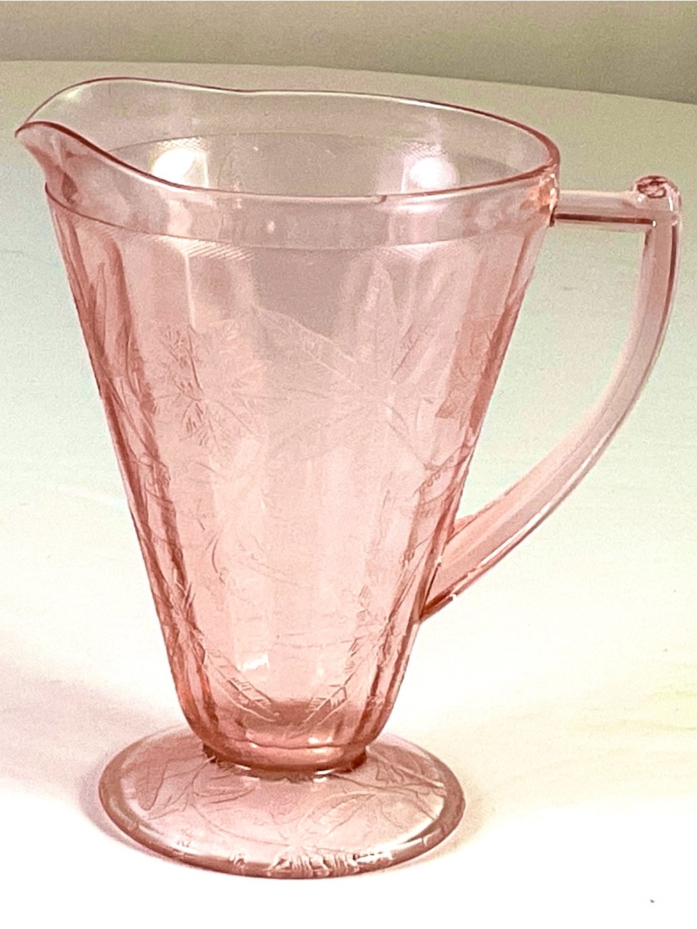 Blush Pink Pressed Glass Pitcher with Floral Etching